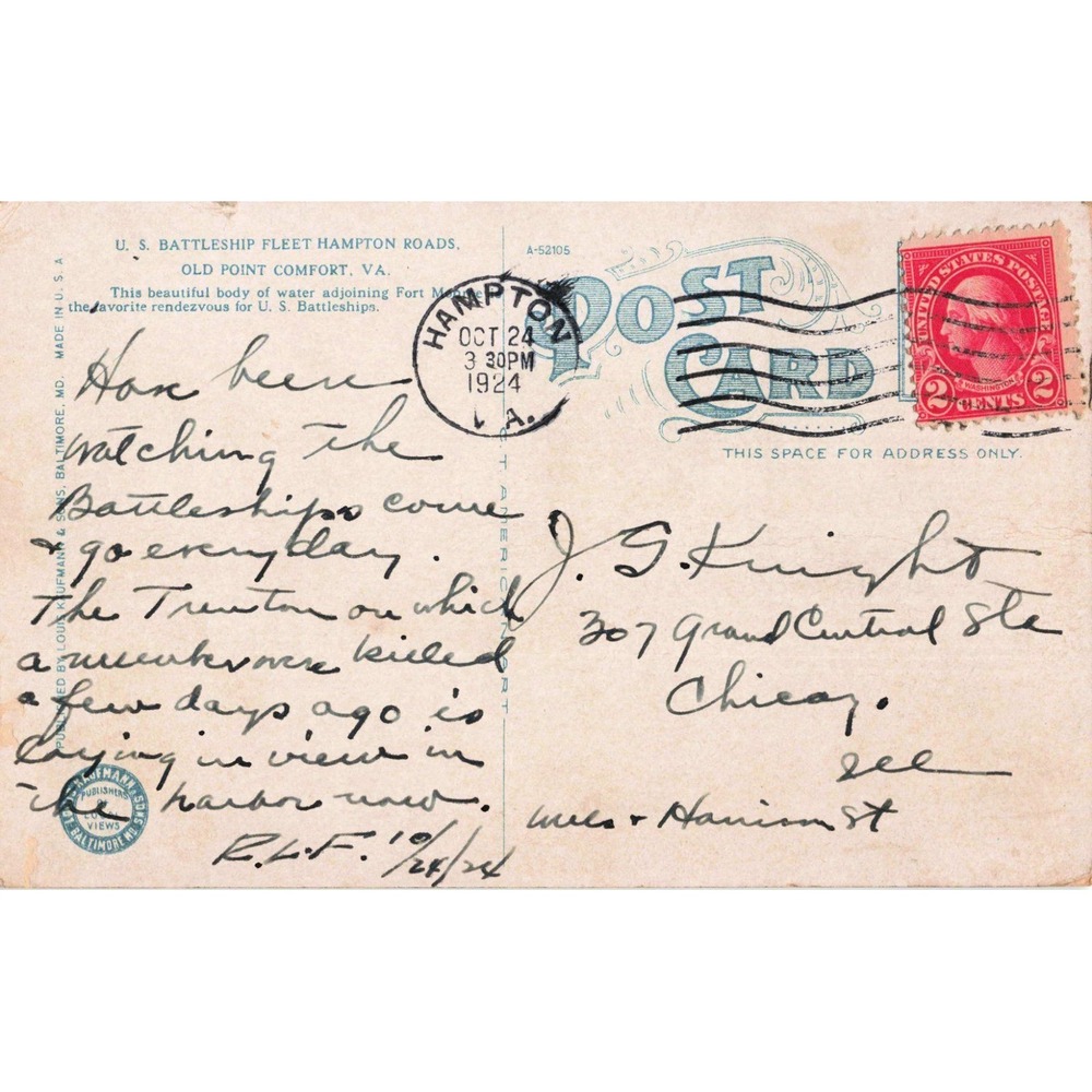 Vintage 1924 US Battleship Fleet Hampton Roads Old Point Comfort VA Postcard - Picture 2 of 2